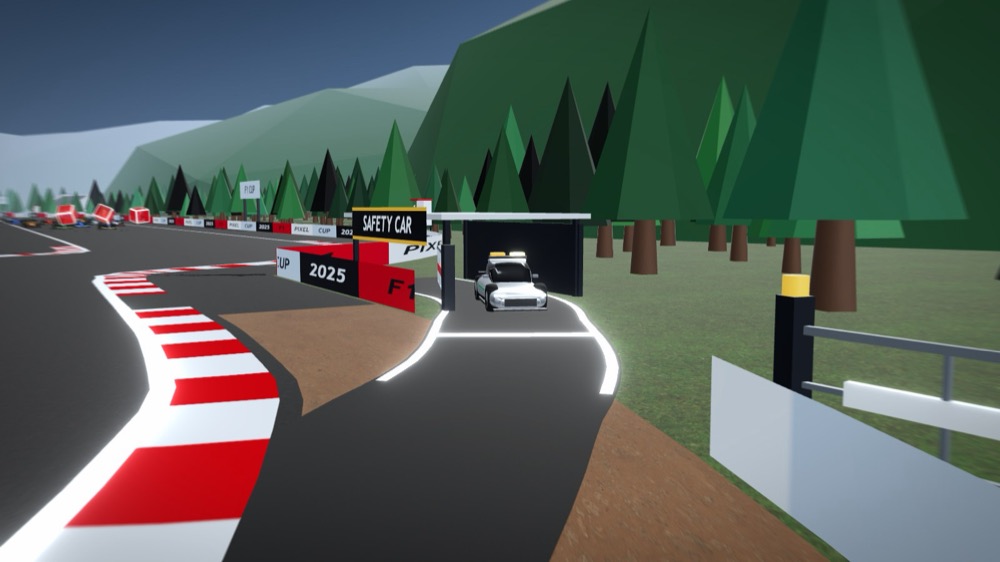 The Safety Car leaving its shelter at a service gate at Spa-Francorchamps, its slip road running through a gap in the barrier onto the track