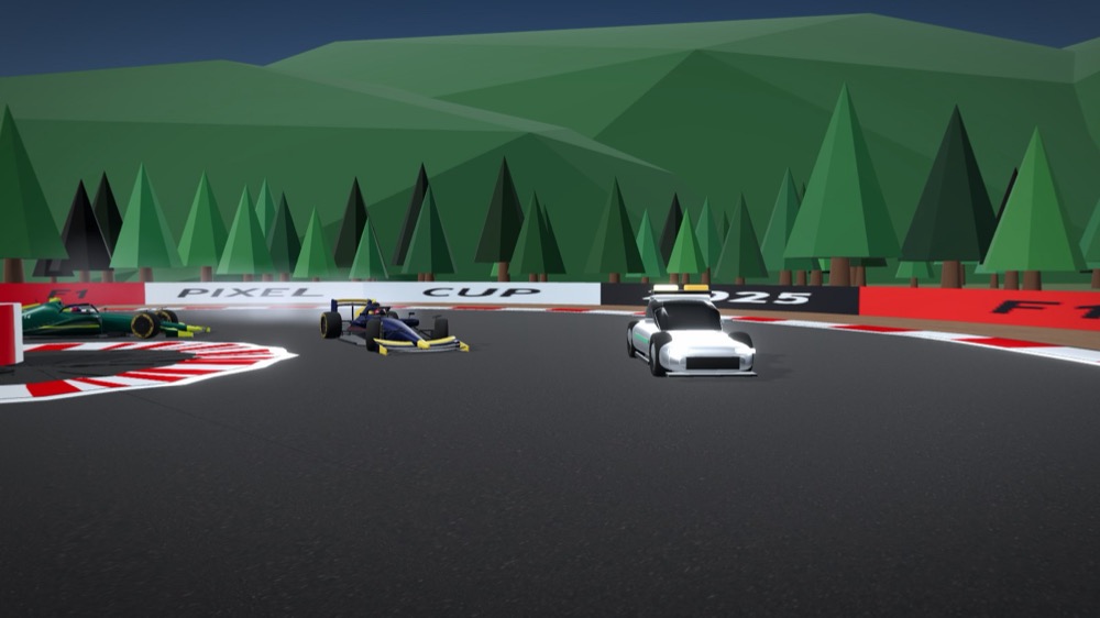 The Safety Car with its roof lights on, leading the cars behind it through a corner at Spa-Francorchamps