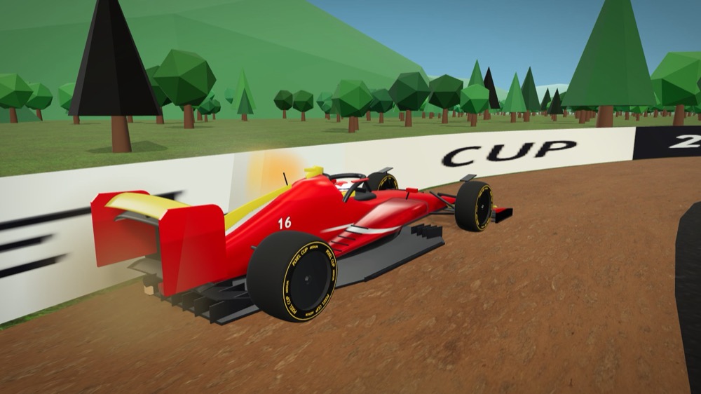 Charles Leclerc's Ferrari just after glancing off the barrier beyond the gravel at Suzuka, a flash of sparks on the wall behind it