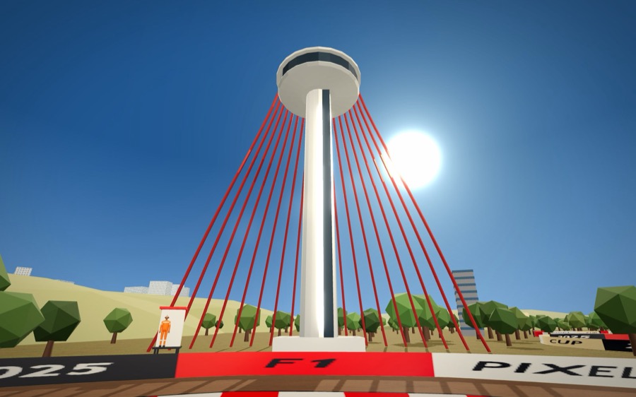 Austin's observation tower with its veil of red steel tubes beside the circuit