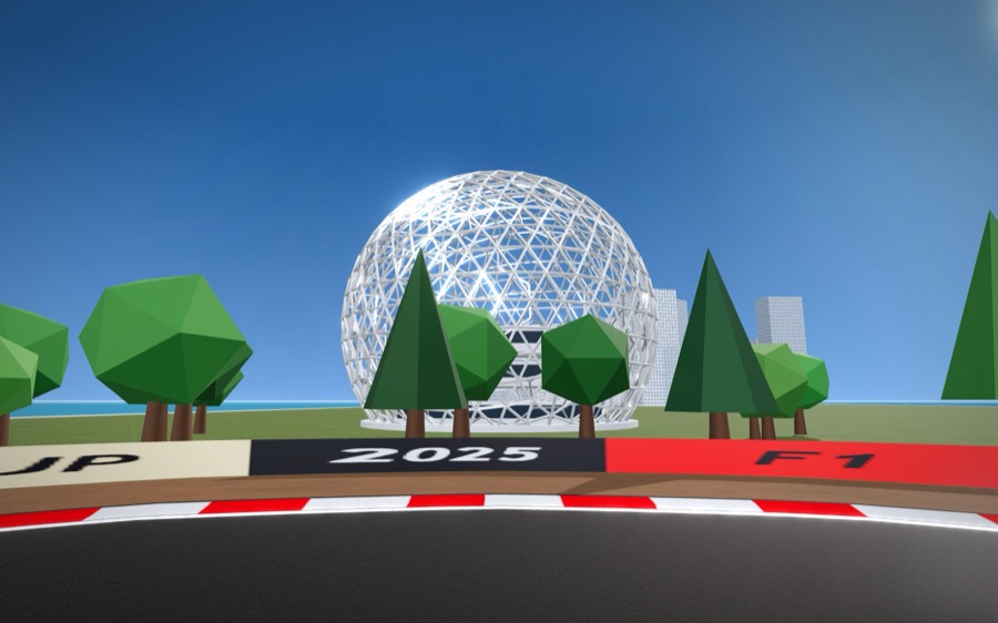 The Biosphère's geodesic steel lattice among the trees beside the Montréal circuit