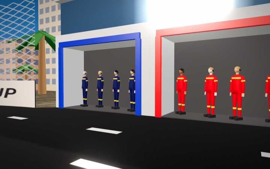Pit crews in team colours standing in their garage doorways