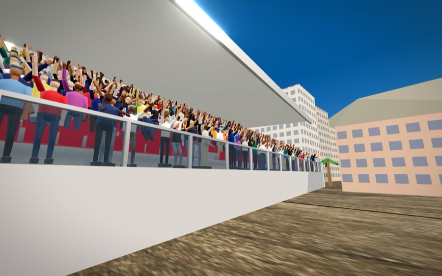 A grandstand full of fans on their feet with their arms in the air