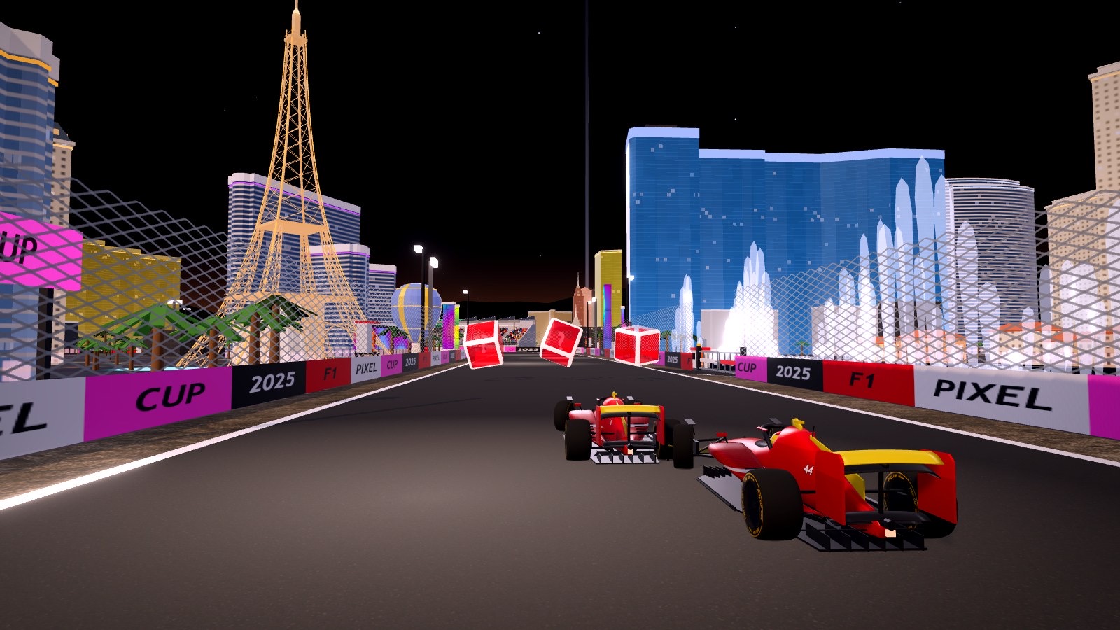 Charles Leclerc's Ferrari leading Lewis Hamilton's down the Las Vegas Strip at night, the half-scale Eiffel Tower lit gold on the left, the Bellagio's fountains on the right and a row of red item boxes ahead